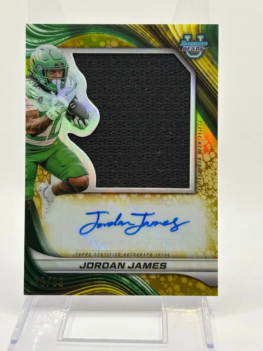 2024 Bowmans Best U Jordan James Yellow Jumbo Patch Auto 30/99 SP Ducks 49ers